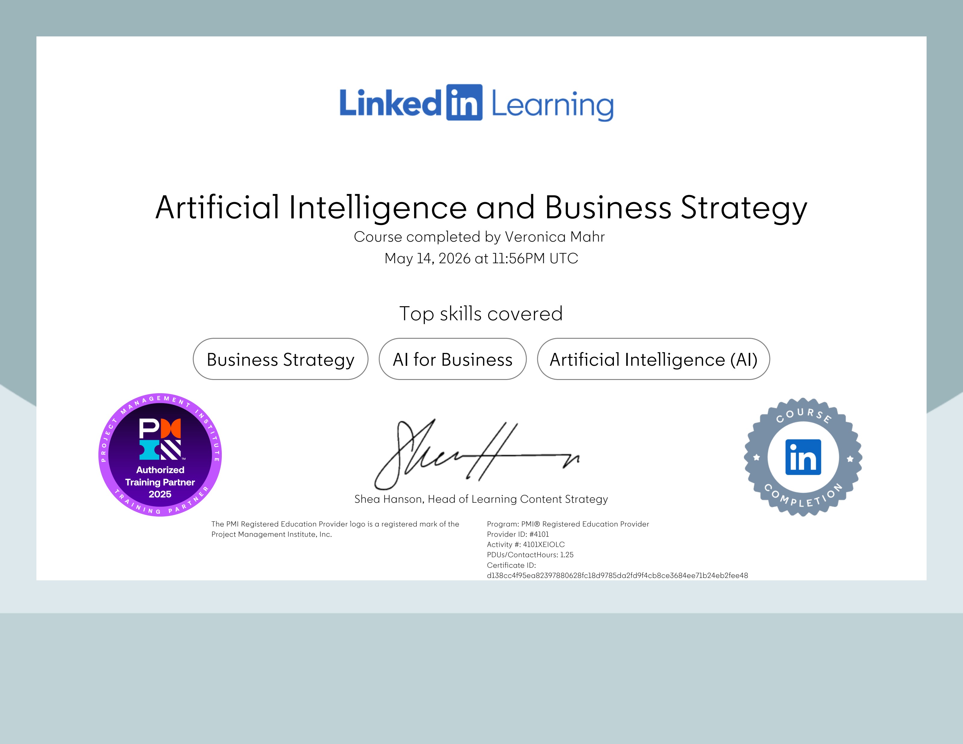 Artificial Intelligence and Business Strategy — certificate of completion