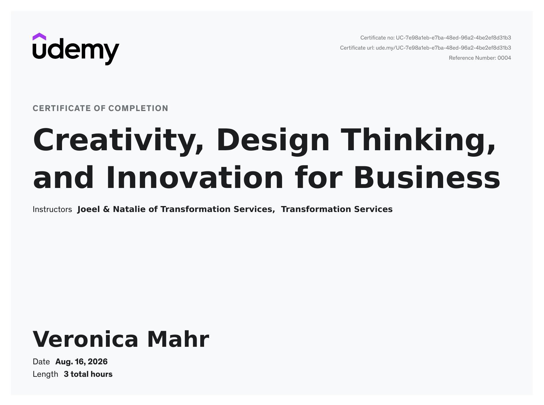 Creativity, Design Thinking, and Innovation for Business — certificate of completion